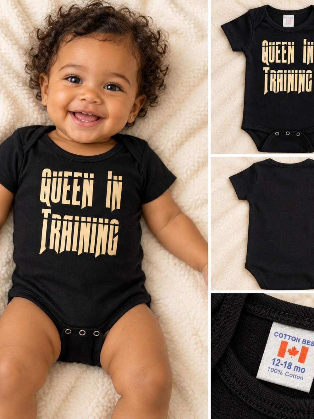 Queen in Training Black & Gold Cotton Baby Onesie | 12–18 Months